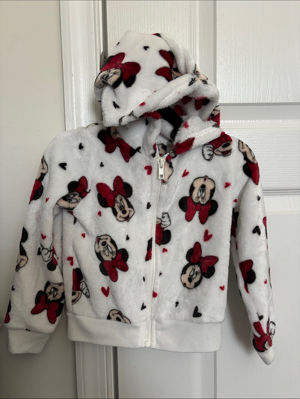 Disney White Plush Minnie Mouse Hooded Zip Jacket with Red Accents